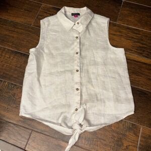 Vince Camuto Sleeveless Linen Button Front Tie Waist Shirt Womens SP